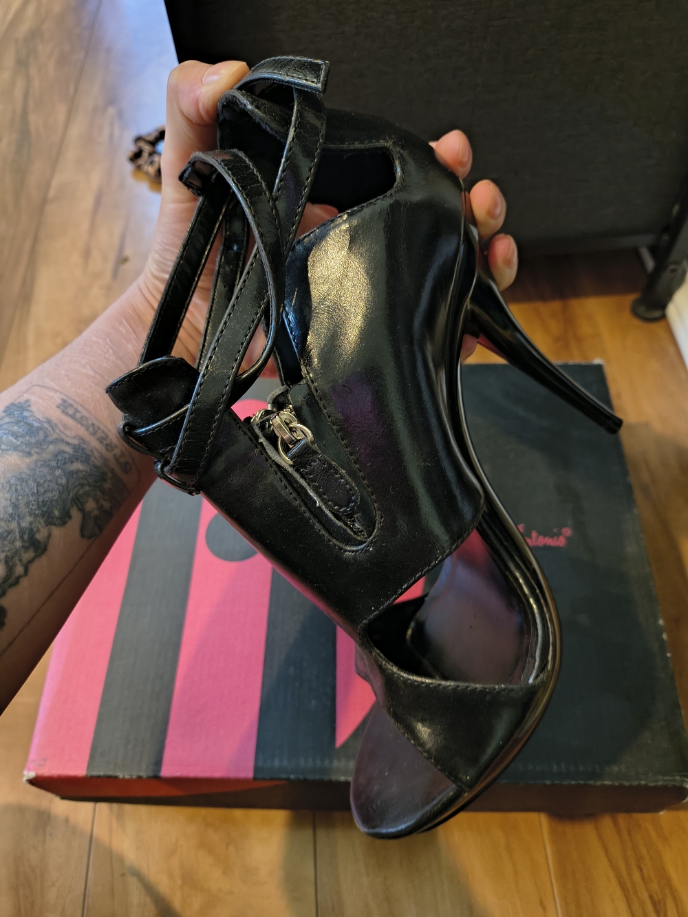 Michael Antonio Black Patent Strappy Peep-Toe Heels